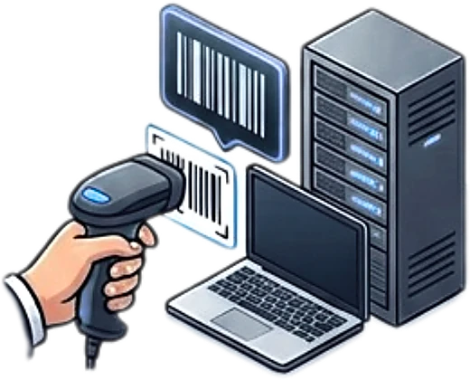 A barcode scanner reading an asset tag on equipment being booked in