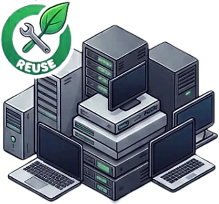 Refurbished servers, desktops and laptops stacked together and marked for reuse
