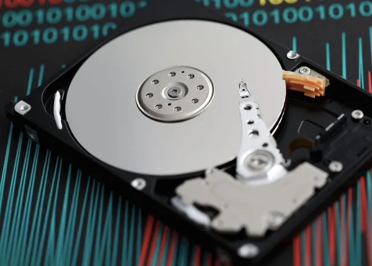 A hard drive with its platter exposed, on a background of binary code